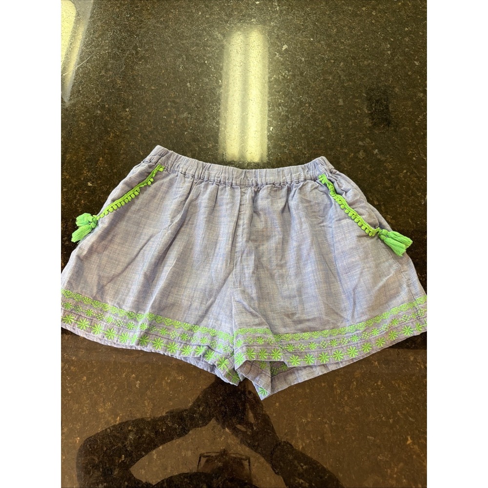 Girls Boden Shorts Sz‎ 13Y Blue Chambray Green Embroidery Summer Beach